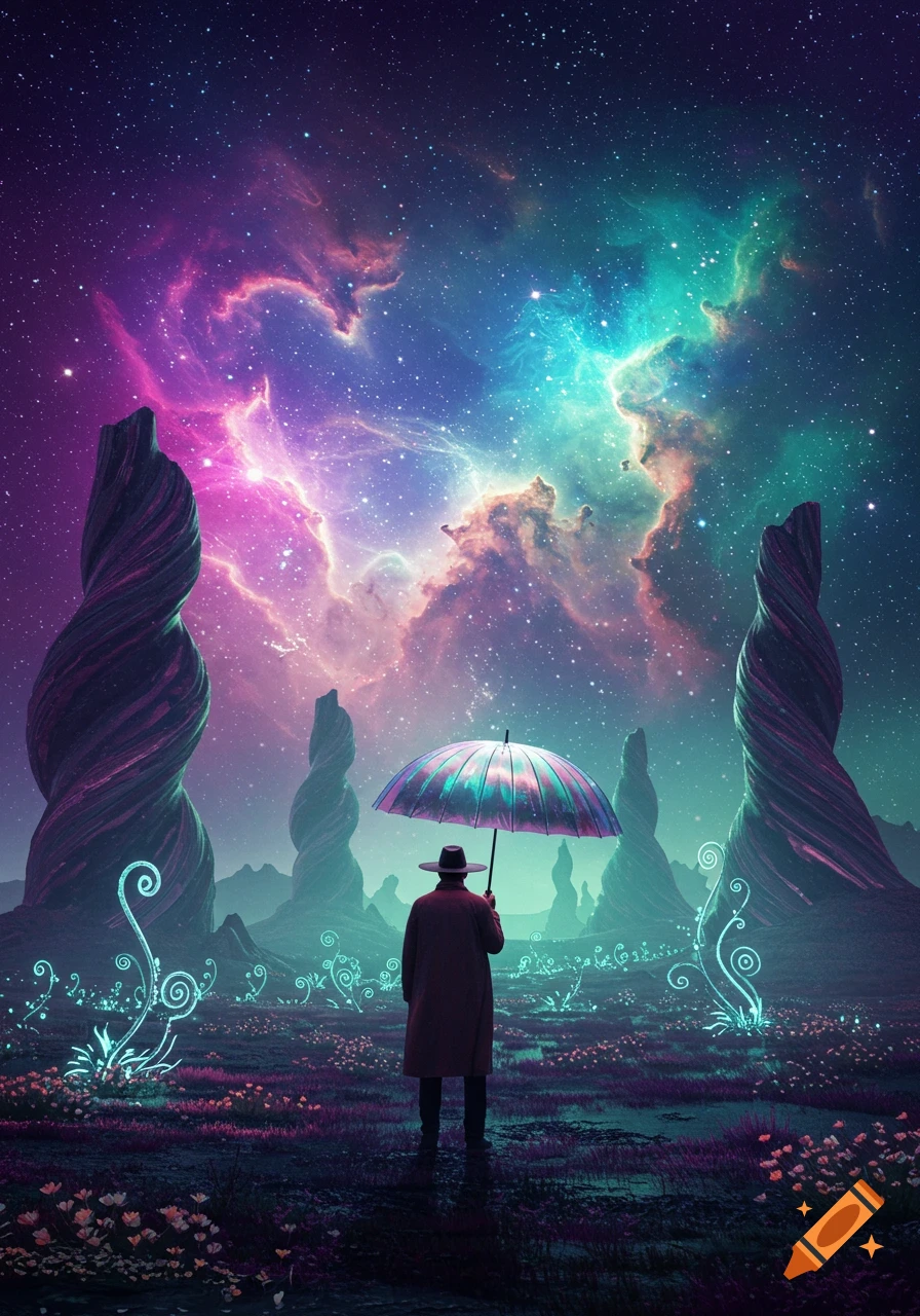 Man with umbrella on alien planet under vibrant cosmic sky with nebulae, stars, and twisted rock formations.