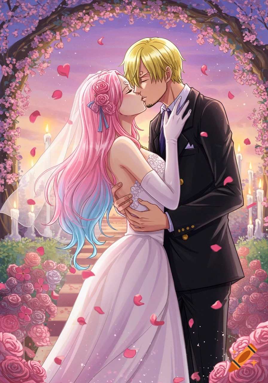 Anime illustration of Sanji from One Piece kissing a woman with pink and blue hair at their outdoor wedding under a floral arch.