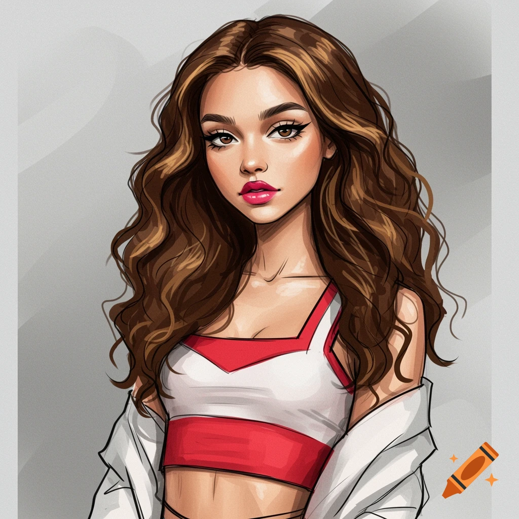 Stylized drawing of a young woman with long brown wavy hair, wearing a red and white crop top and white jacket against a grey background.