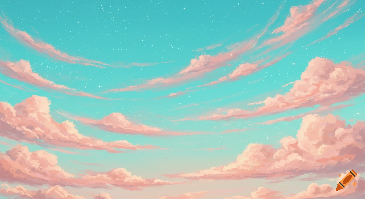 A dreamy skyscape with a turquoise sky filled with fluffy pink clouds and twinkling stars.