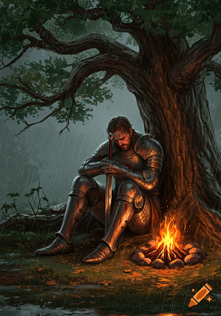 A medieval knight in full armor sits under a large tree in the rain, warming himself by a small campfire.