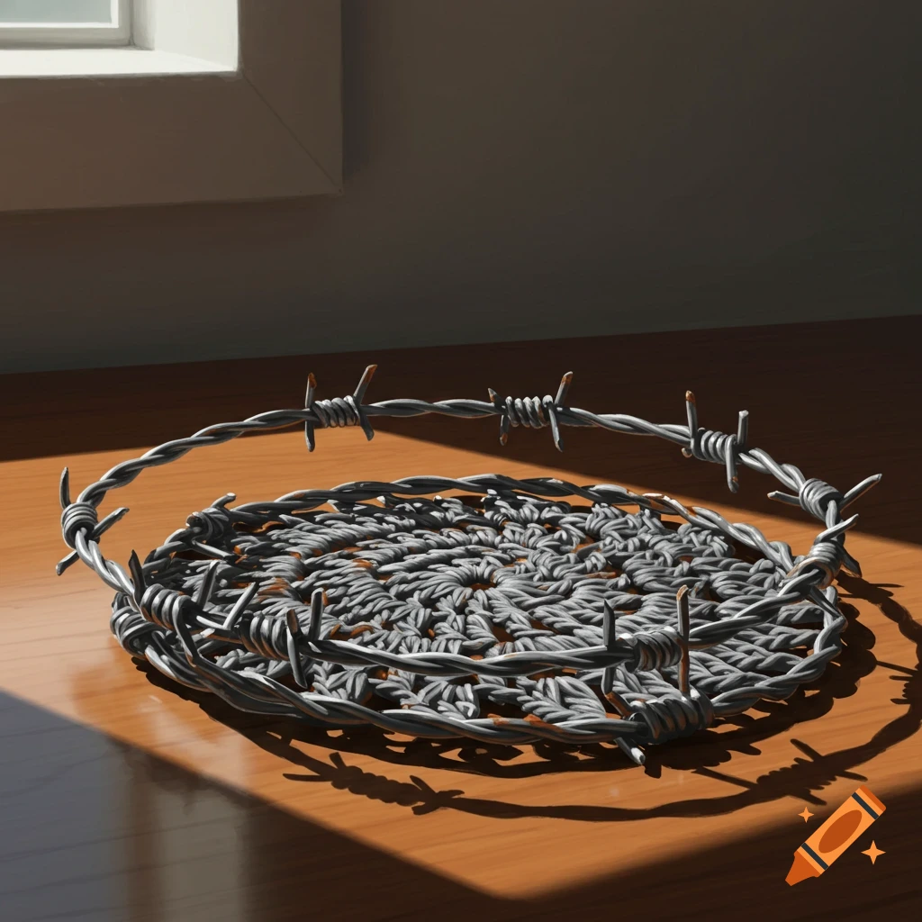 A photorealistic image of a crochet coaster made from barbed wire, resting on a wooden table, lit by sunlight from a window.