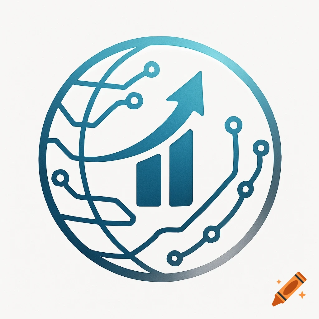 A blue gradient logo featuring a globe with circuit board lines, an upward arrow, and two bar graph elements.