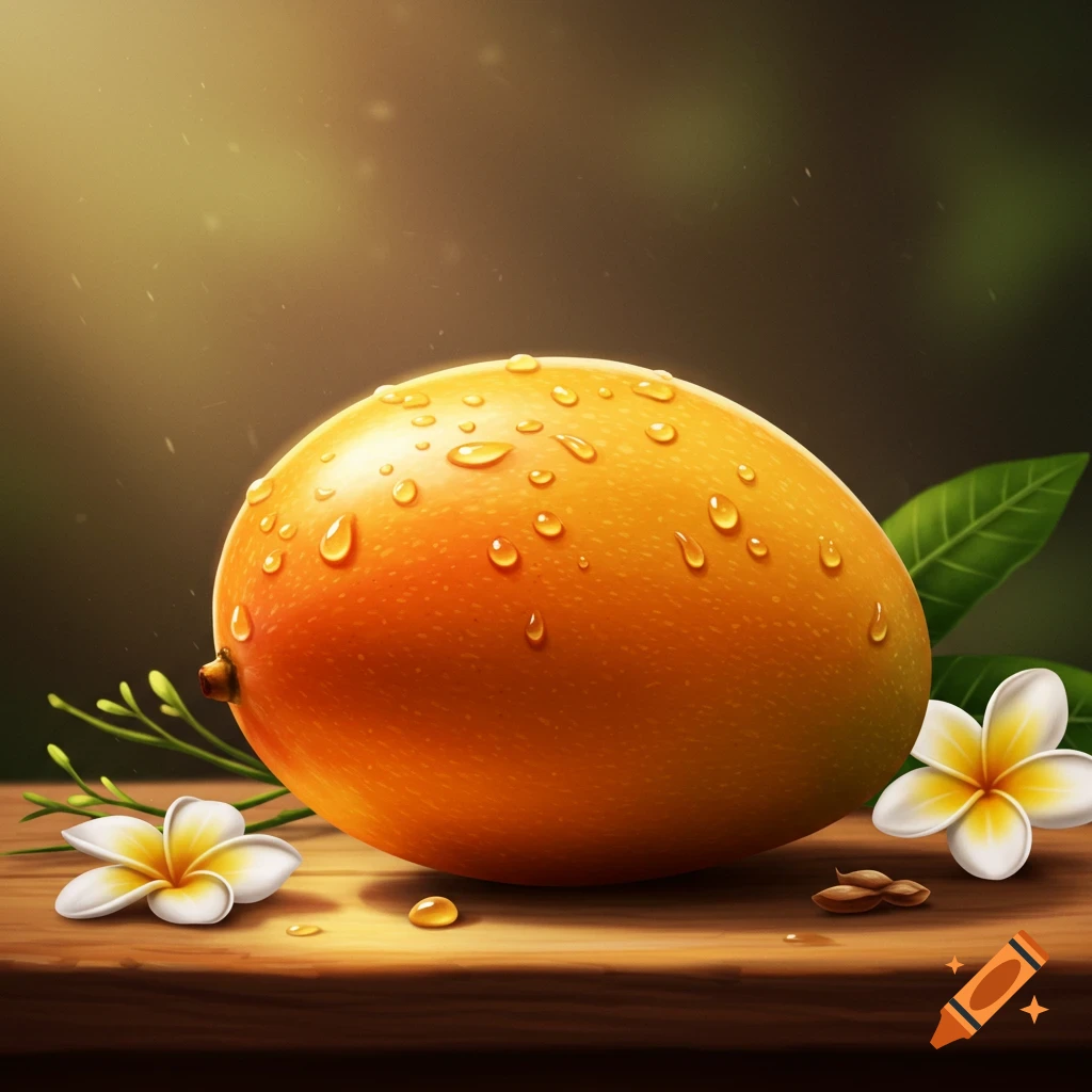 A vibrant yellow and orange mango covered in water droplets sits on a rustic wooden surface, flanked by delicate white flowers and green leaves, with a soft, warm light in the background.