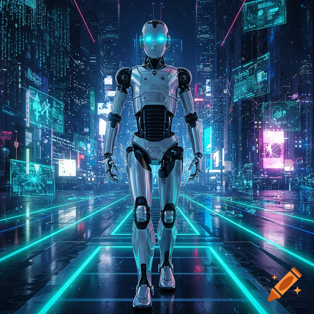 A futuristic humanoid robot with glowing blue eyes stands in a neon-lit cyberpunk city at night.