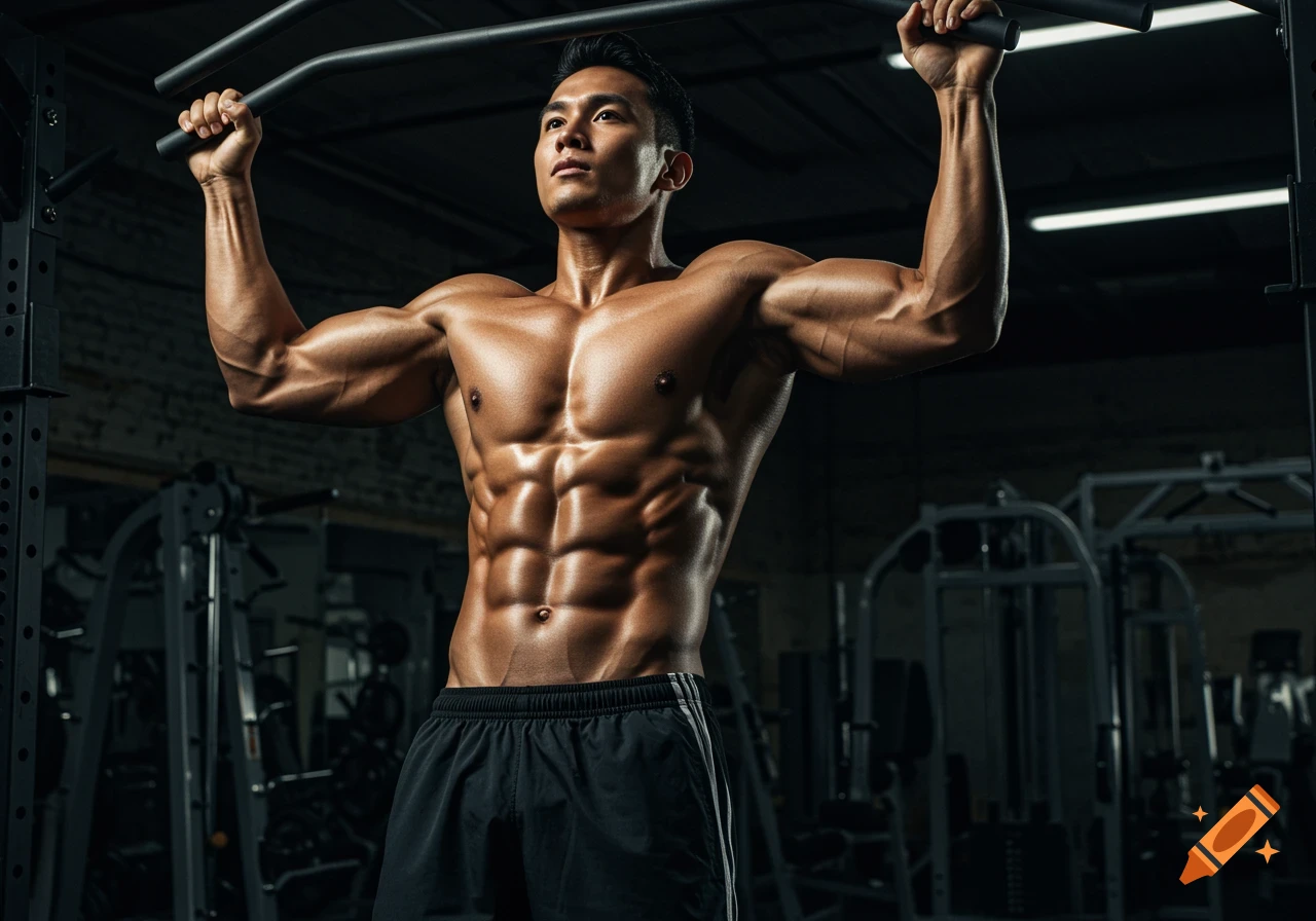 A muscular man performing pull-ups in a gym, captured in a photorealistic style.