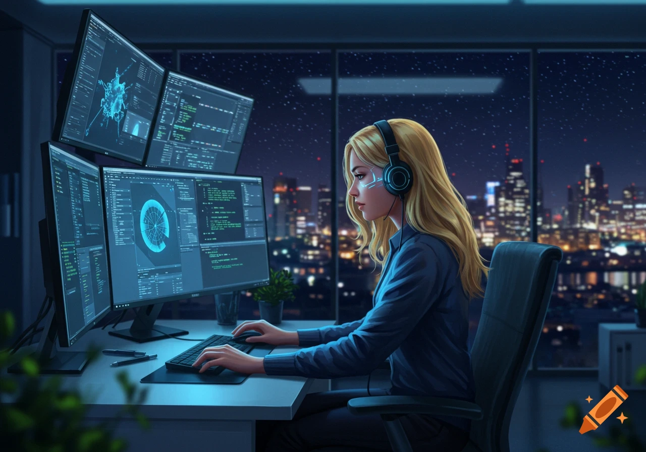 Blonde woman in headphones typing on a keyboard at a desk with multiple monitors displaying code, overlooking a city at night. Digital art style.