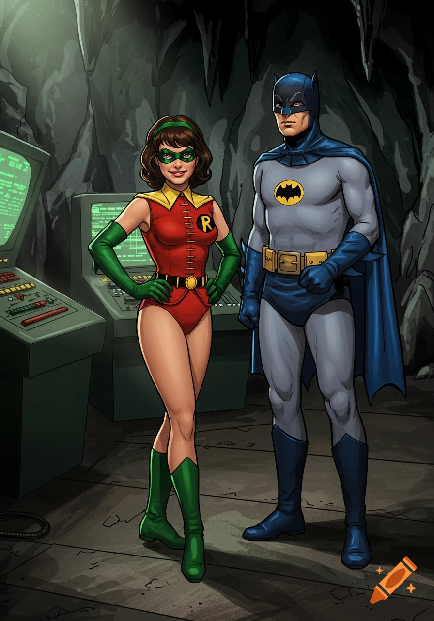 Cartoon image of Batman and a female Robin in the Batcave. Batman stands tall while Robin, wearing a red and green leotard with an 'R' on her chest, smiles.