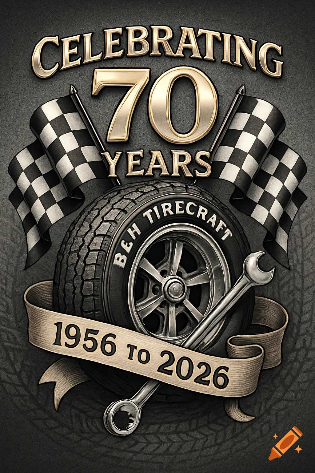 An emblem celebrating 70 years with golden text, a tire with 'B&H Tirecraft', checkered flags, a wrench, and a ribbon saying '1956 to 2026'.