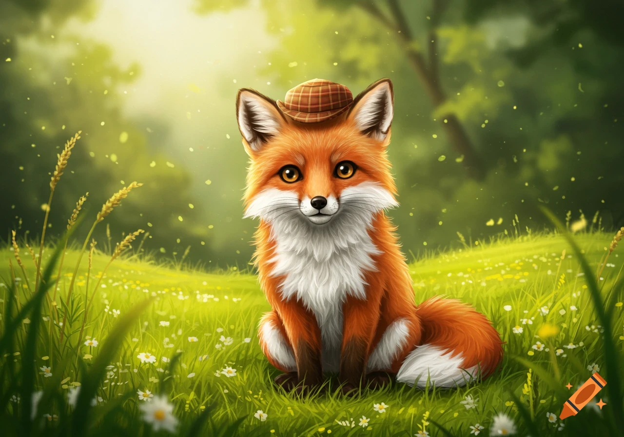 A cute fox wearing a plaid hat sits in a vibrant green meadow with white flowers, bathed in soft light.