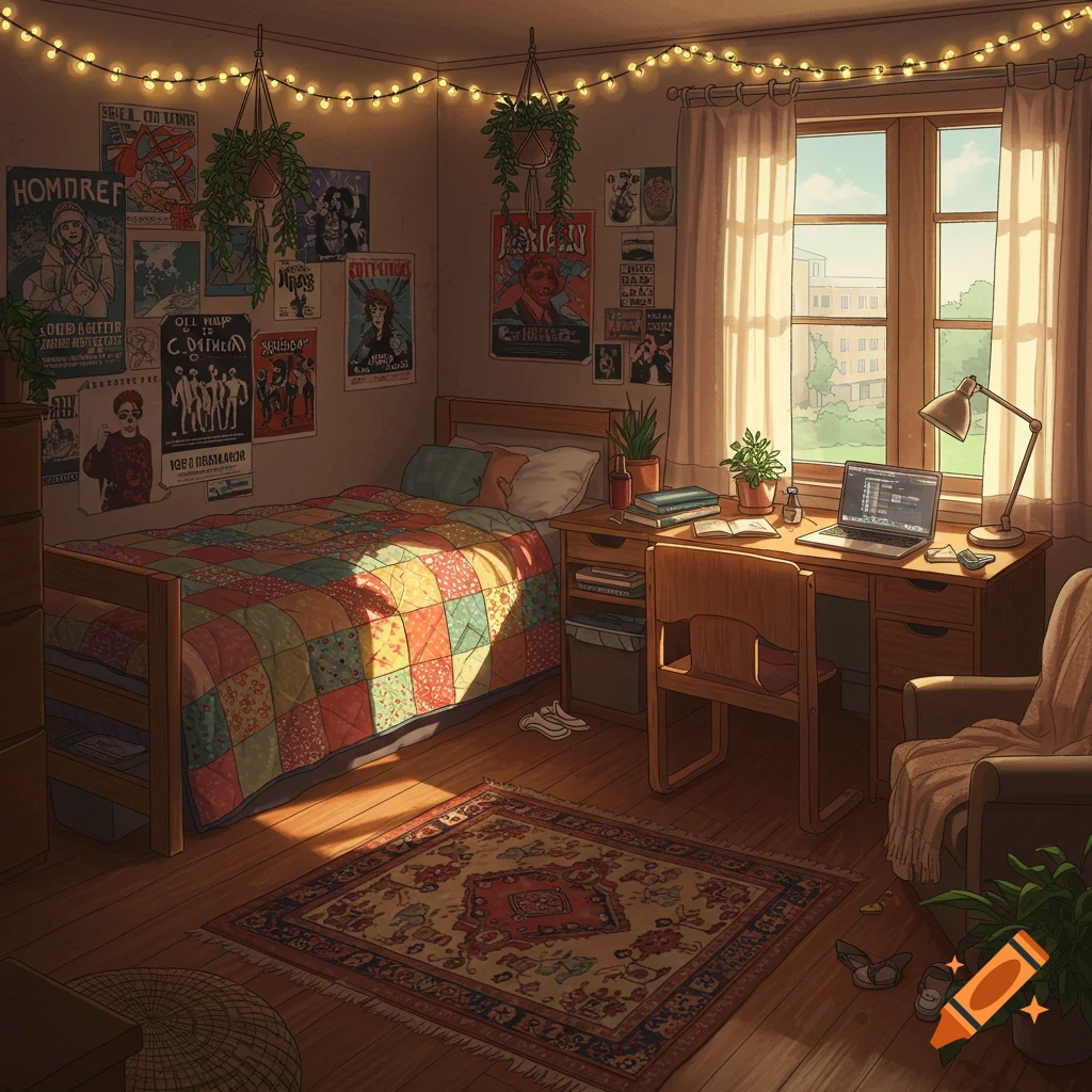 A cozy dorm room bathed in golden sunlight, featuring a bed with a colorful quilt, a wooden desk with a laptop, and walls decorated with posters and string lights.