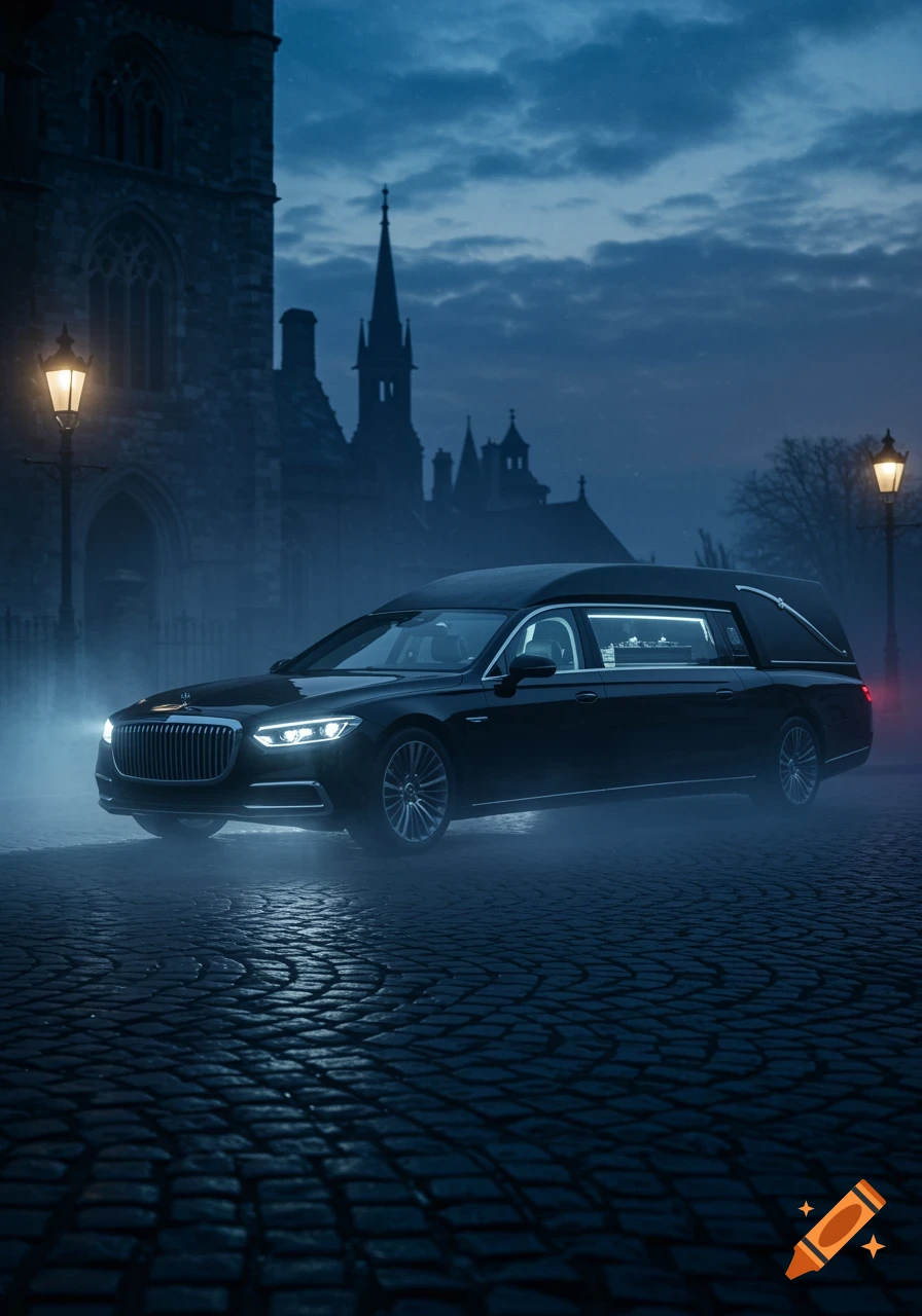 A black hearse with headlights on parked on a cobblestone street in front of a gothic church at dusk, with mist on the ground.