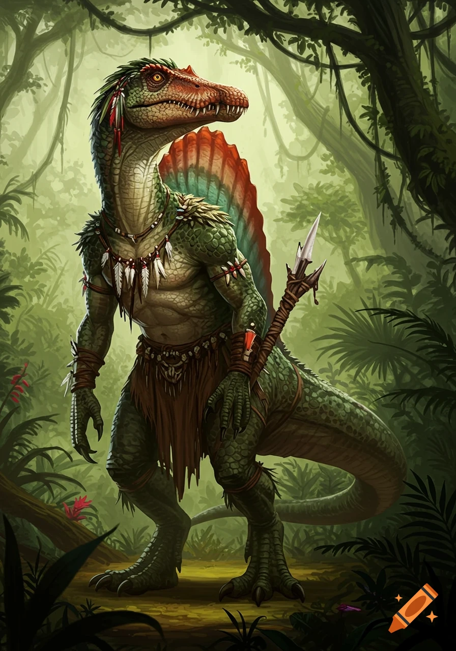 An anthropomorphic spinosaurus warrior with tribal attire stands in a lush jungle, holding a spear.