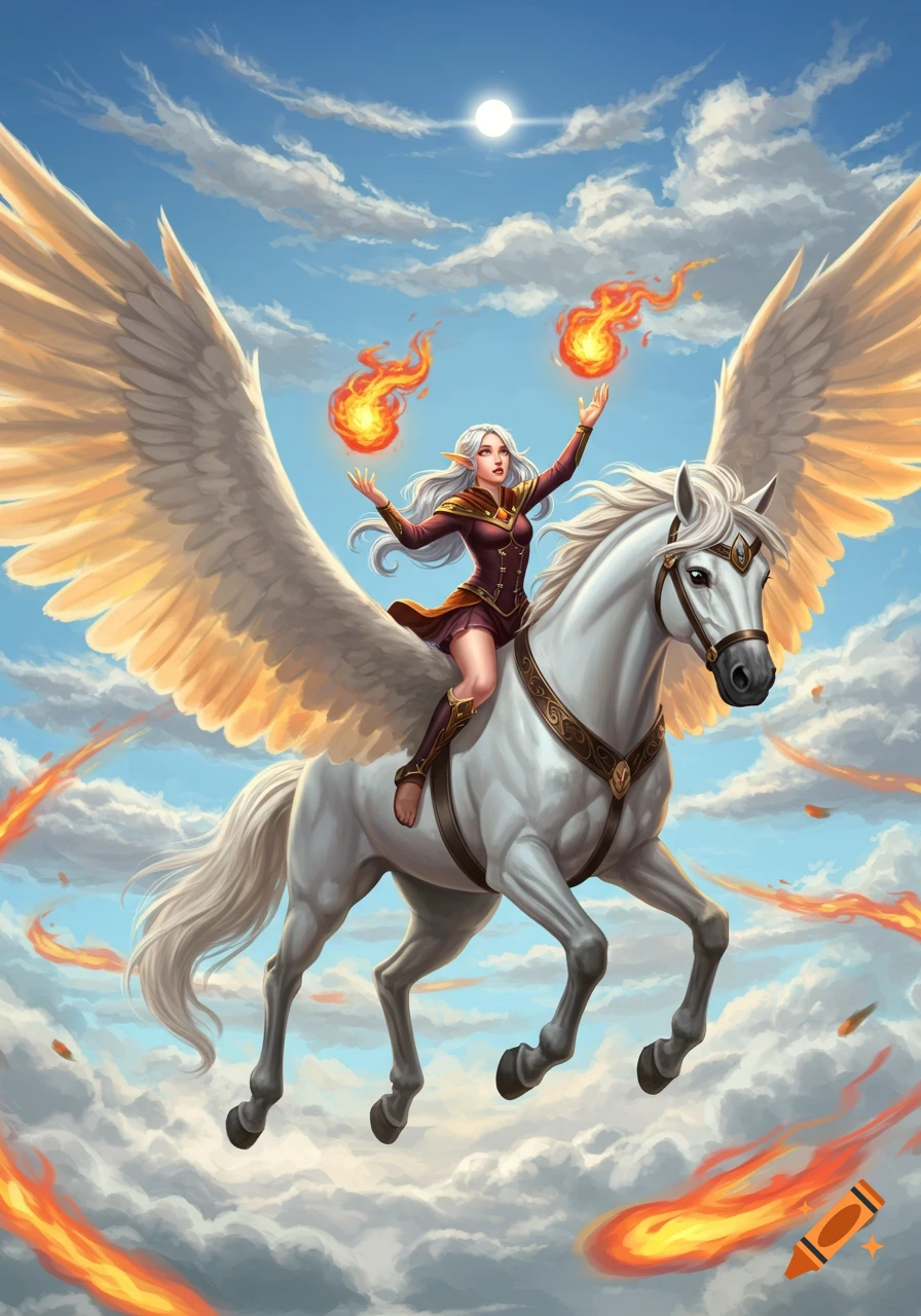 An elf girl with long white hair rides a winged white Pegasus through the sky, casting two fiery orbs from her hands.