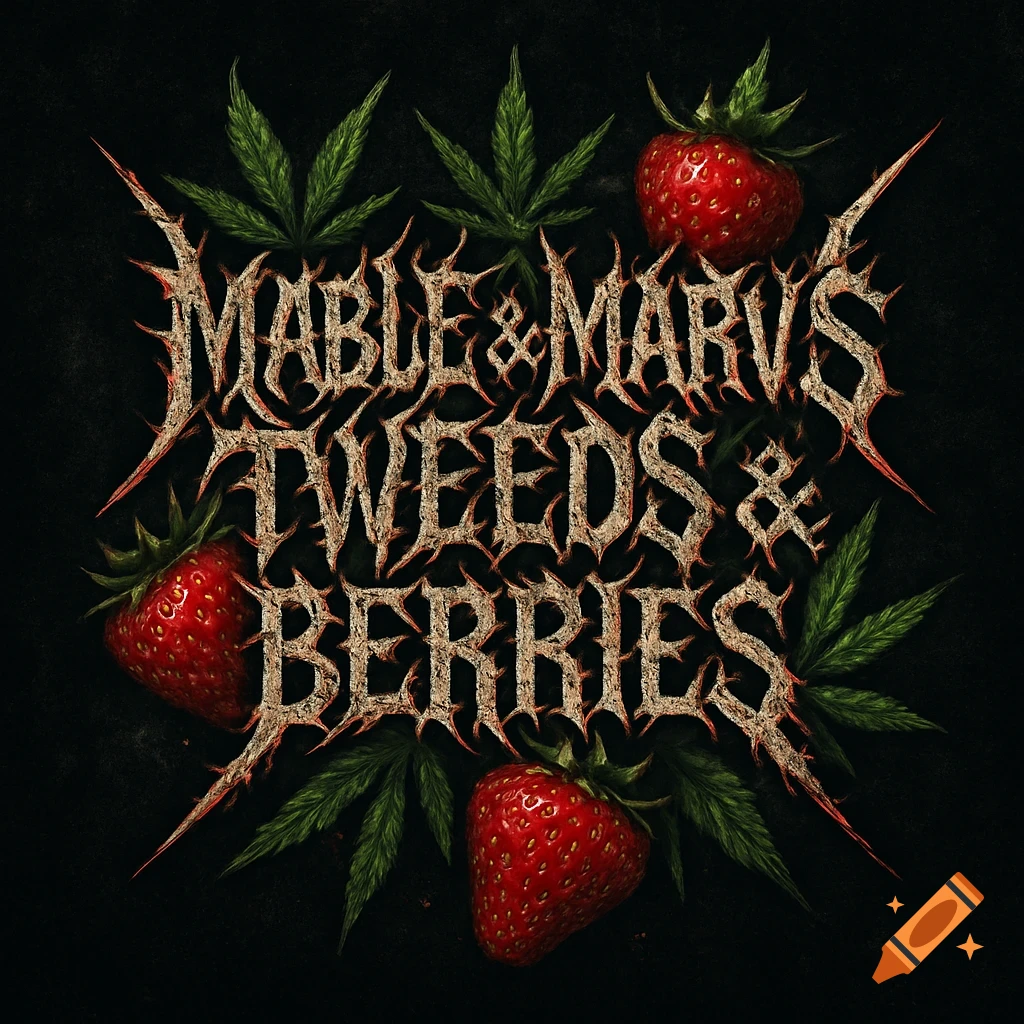 Death metal style logo for 'Mable & Marv's Tweeds & Berries' with strawberries and cannabis leaves on black.