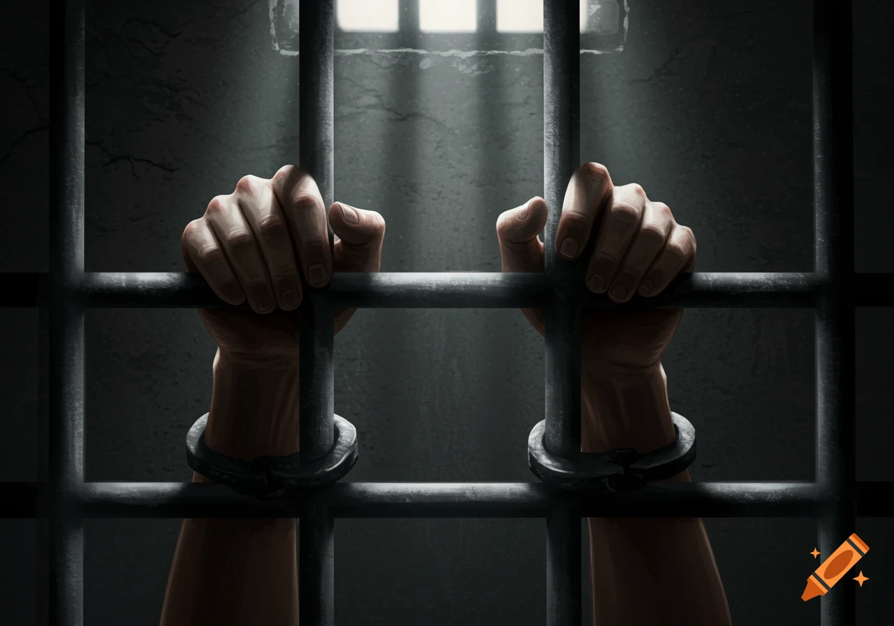 Two shackled hands gripping dark prison bars with light shining through a high window.