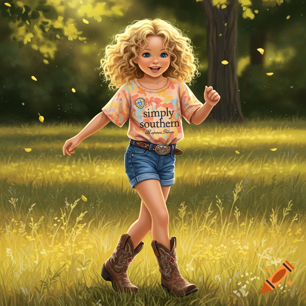 A joyful young girl with blonde curly hair in a t-shirt, jean shorts, and cowboy boots walks through a sunny, grassy field.