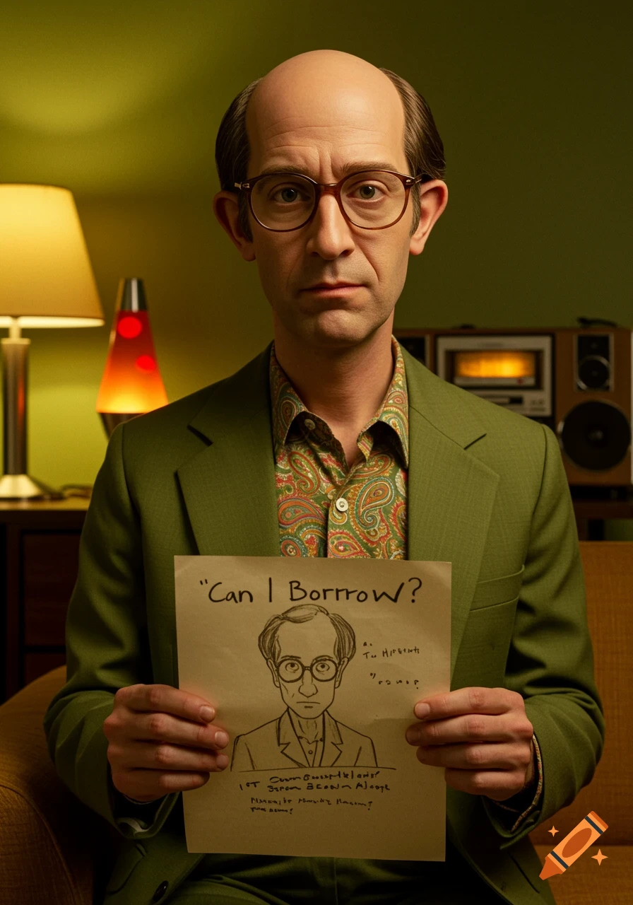 Photorealistic portrait of a bald man in a green suit and glasses holding a paper with a drawing and "Can I Borrow?" text.