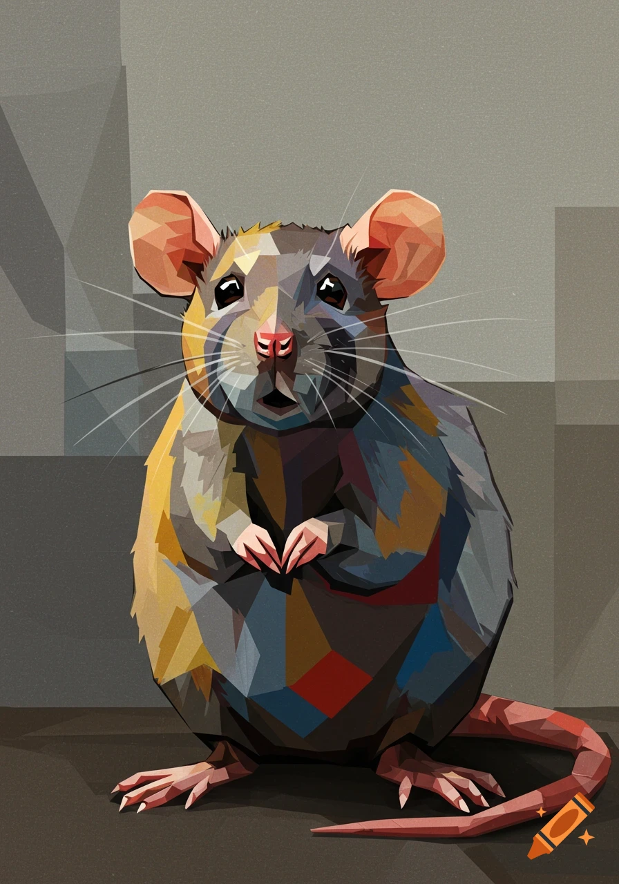 A cubist style illustration of a rat with geometric shapes and multiple colors.