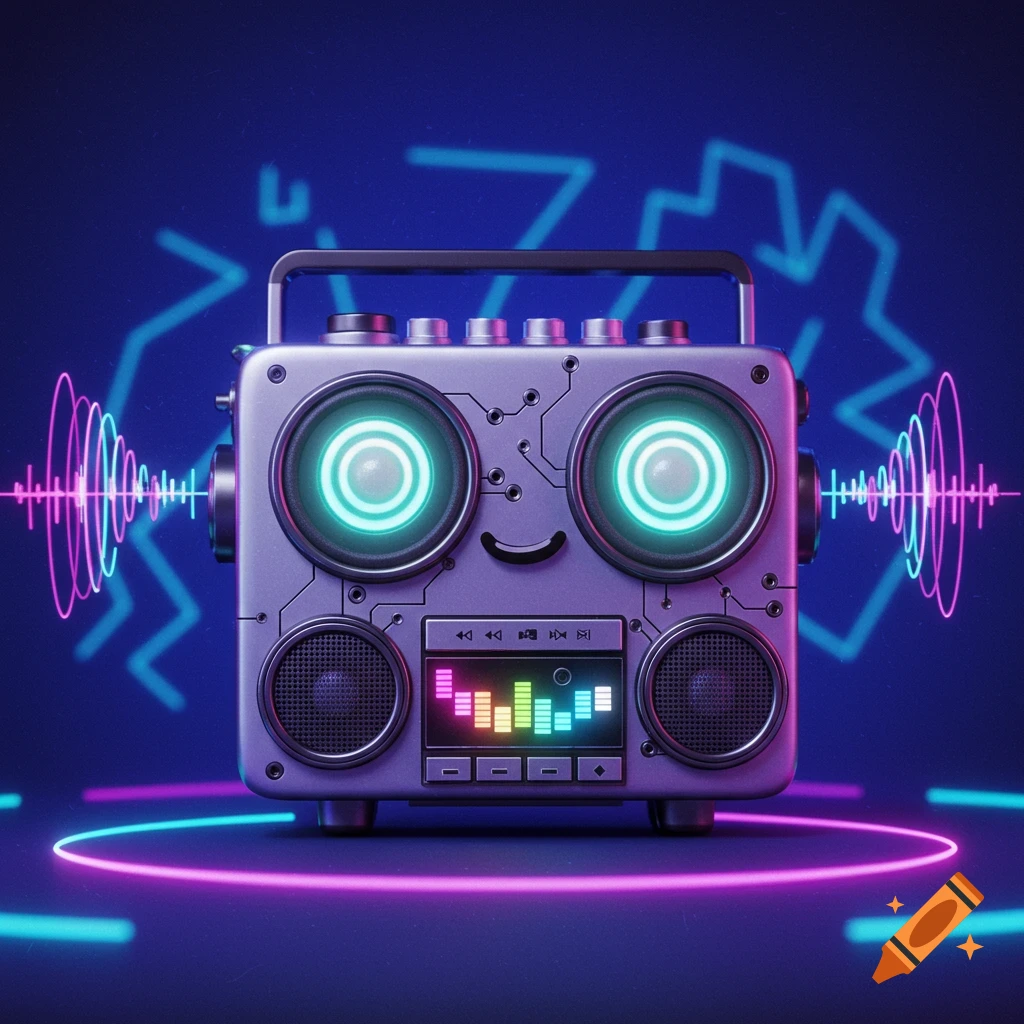 A futuristic mini boombox with a robot face and glowing speakers, surrounded by neon sound waves on a dark blue background.