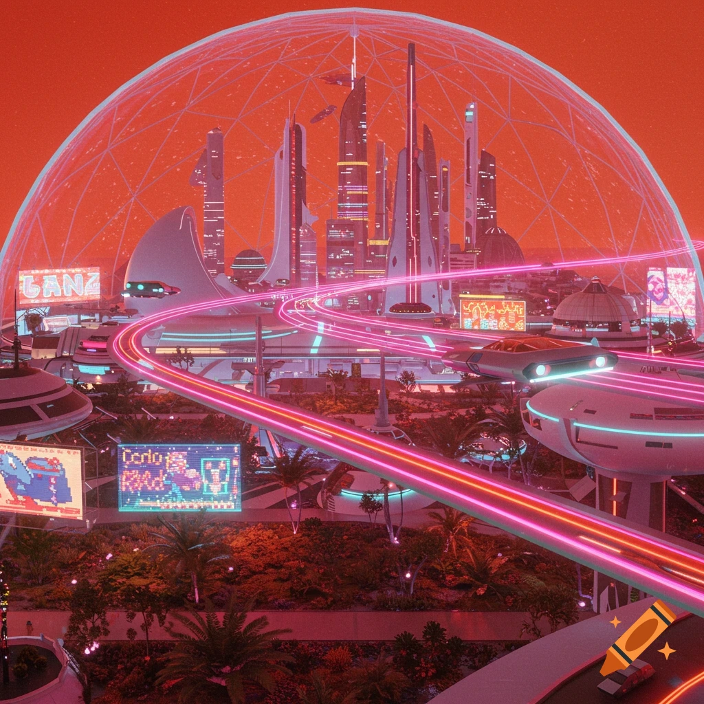 A vibrant 1980s retro-futuristic domed city on Mars with glowing neon pathways, futuristic vehicles, and tall skyscrapers.