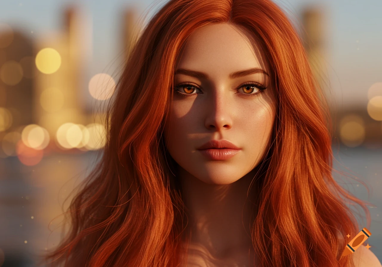 Close-up photorealistic portrait of a woman with long red hair and amber eyes against a blurry city lights background.