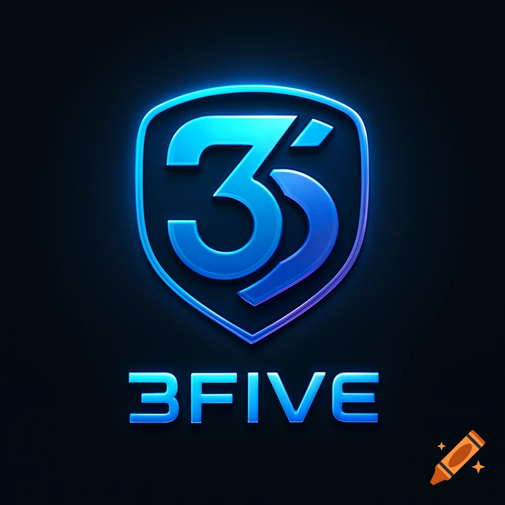 A futuristic blue and purple glowing logo with a shield containing the number 35 and the text '3FIVE' below.