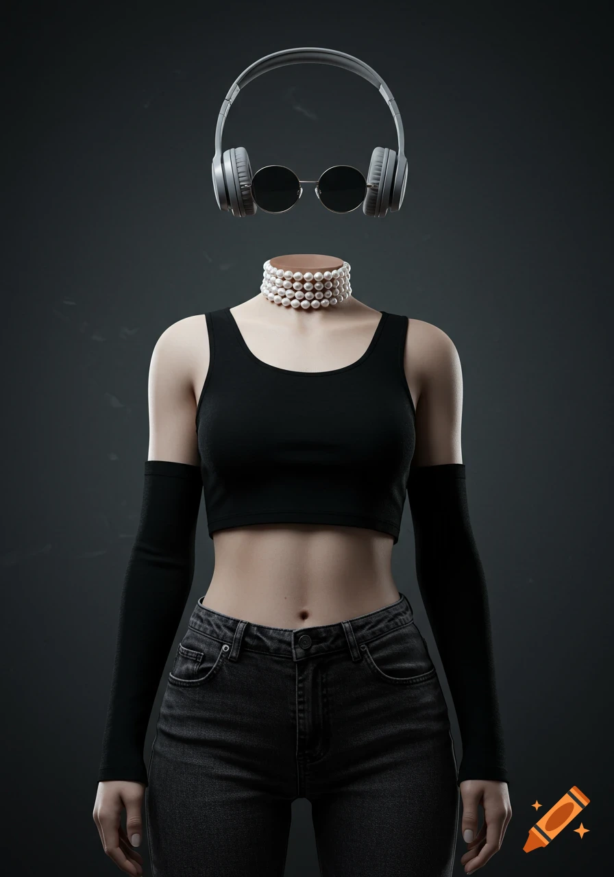 A headless figure in a black crop top, dark jeans, arm warmers, a pearl necklace, with headphones and sunglasses floating above the neck.