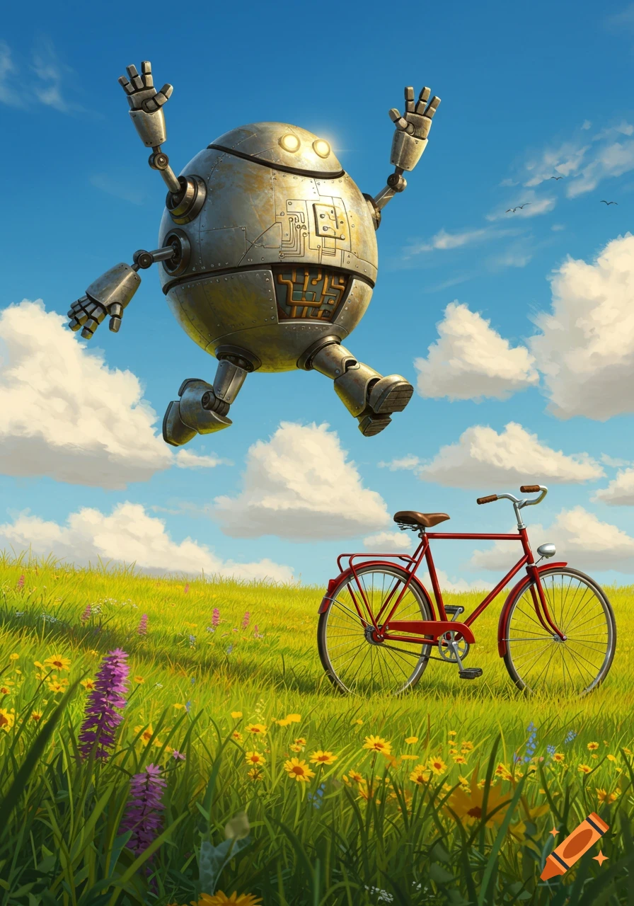 A spherical, metallic robot floats above a vibrant green field with colorful flowers, next to a red bicycle under a blue sky.
