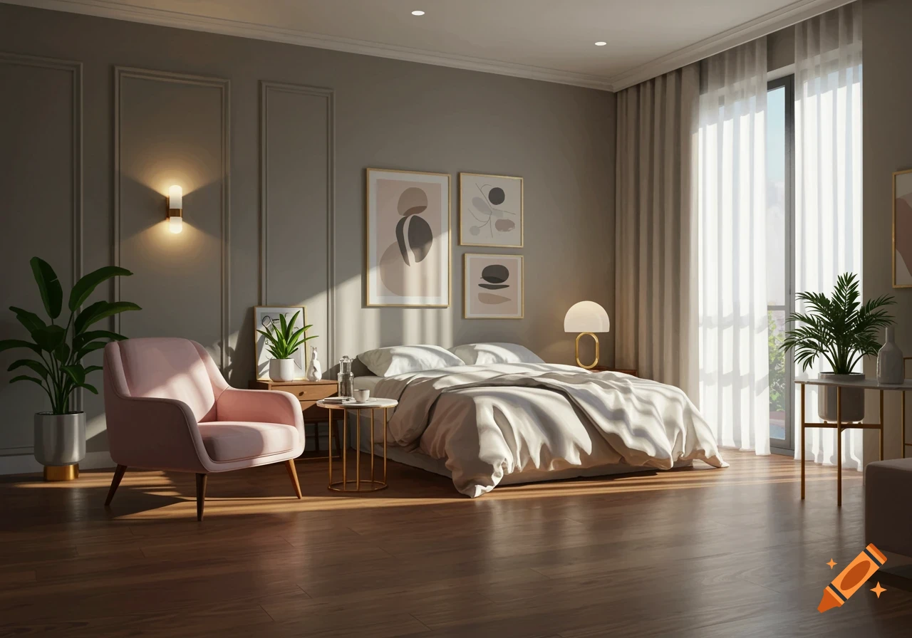 A modern and elegant bedroom interior with a white bed, pink armchair, potted plants, and abstract art on the wall.