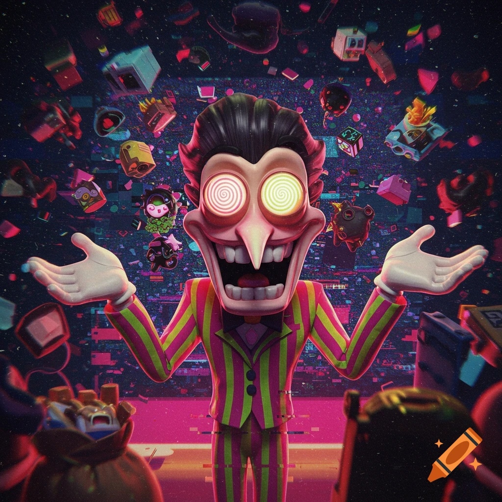 A stylized, cartoonish character with a wide grin, spiral eyes, and a pink and green striped suit, standing with open arms amidst various floating objects and a glitchy, vibrant background.