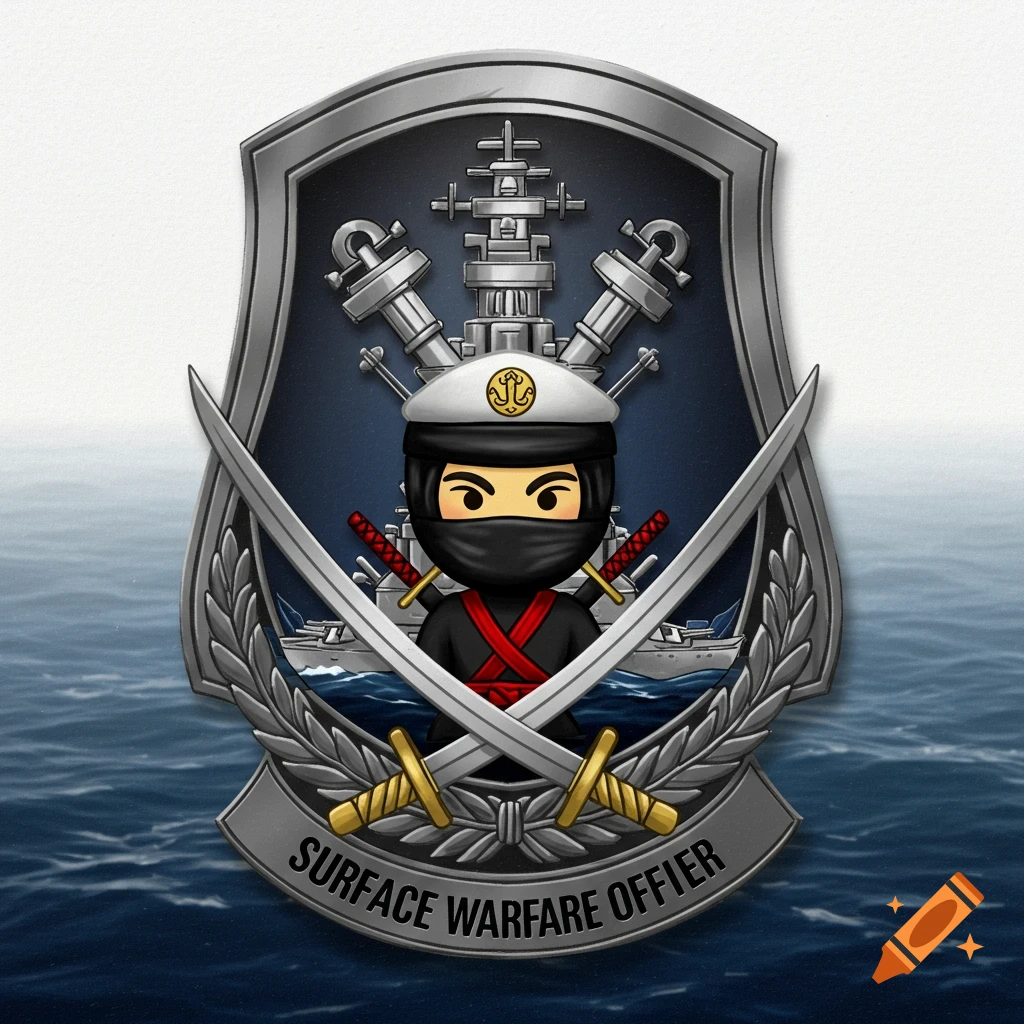 A cartoon ninja emoji in a navy hat on a military insignia emblem with crossed swords and a battleship, over a blue ocean.