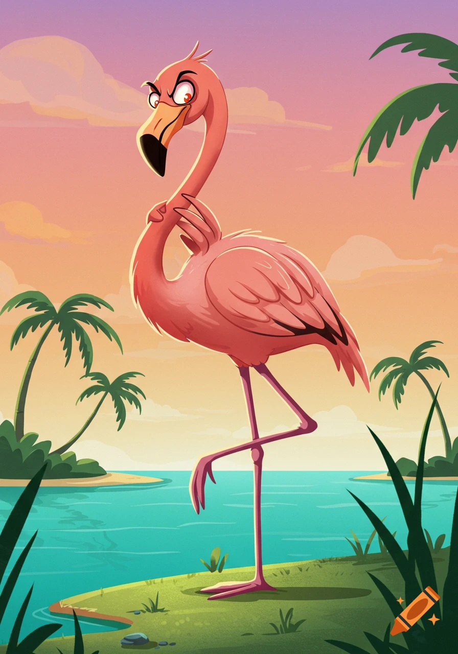 A cartoon flamingo with a villainous expression, rubbing its wings, standing on a grassy island with palm trees and blue water at sunset.