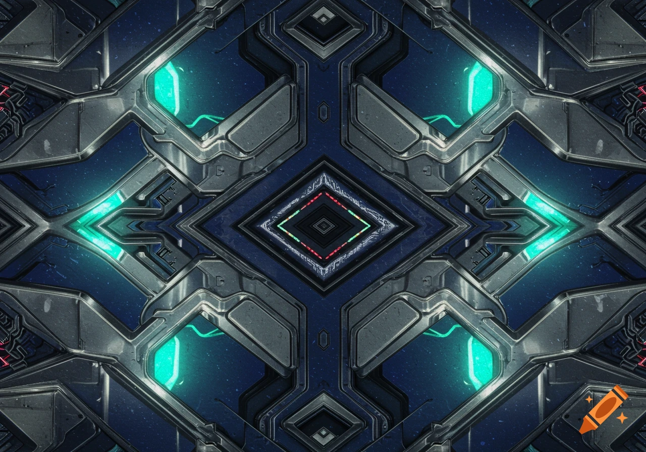 An abstract, symmetrical pattern of metallic and digital elements with glowing turquoise and red lights.