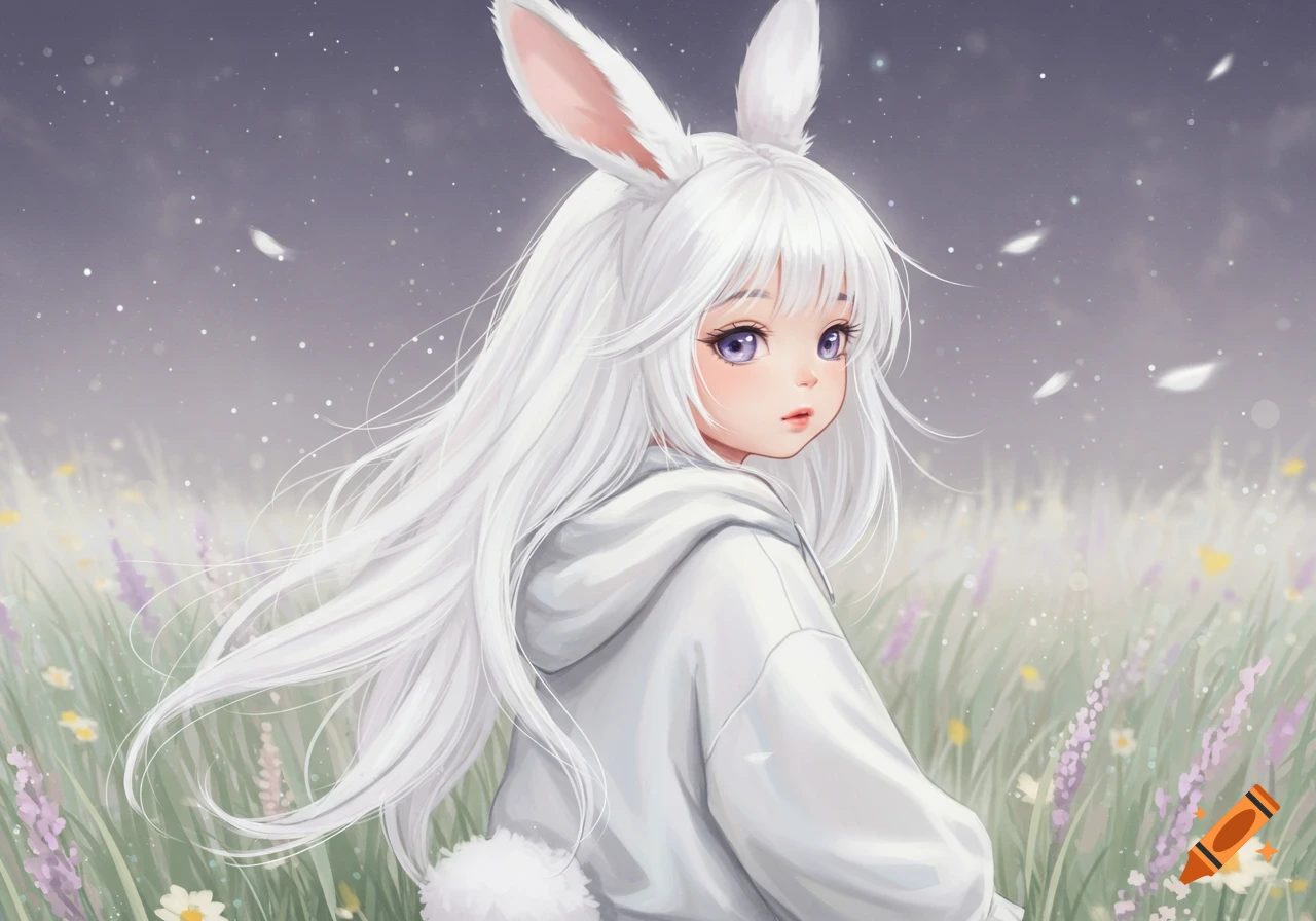 An anime girl with long white hair and bunny ears in a white hoodie, looking over her shoulder in a field of flowers.