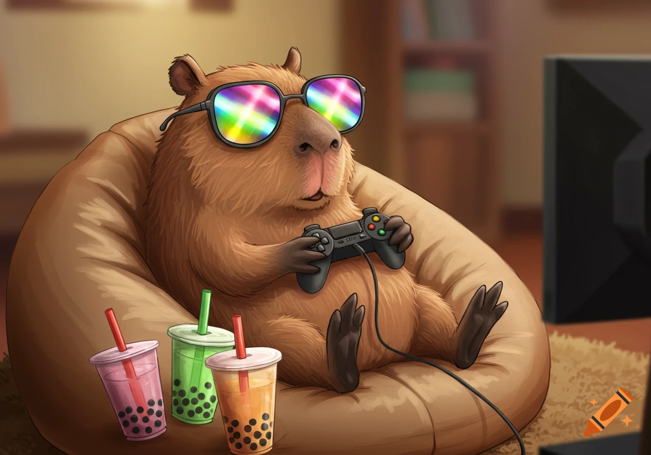 A cute capybara wearing rainbow sunglasses sits on a beanbag, playing video games with a controller and three boba drinks nearby.