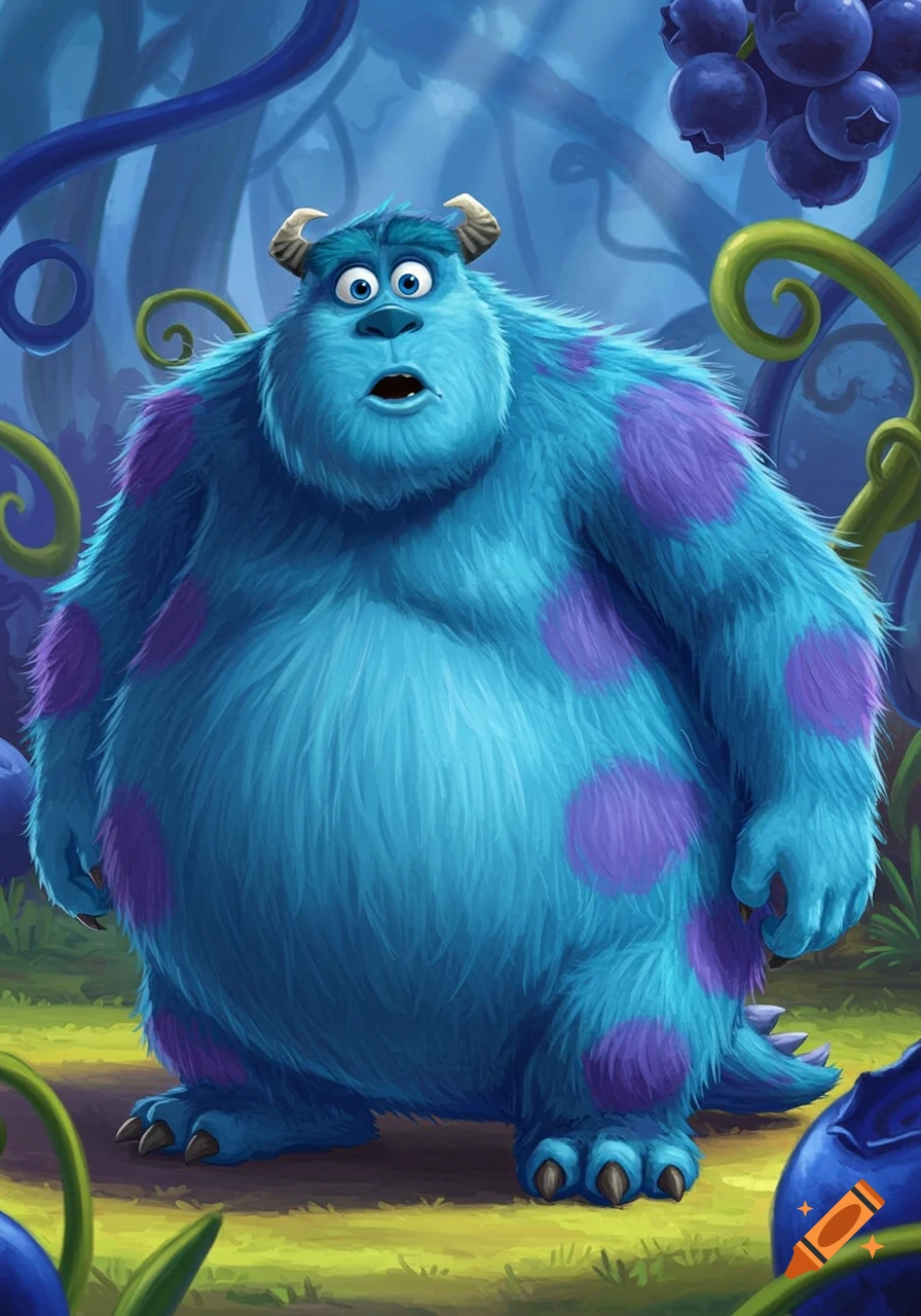 A large, furry blue monster with purple spots, resembling Sulley from Monsters Inc., stands in a blue forest.