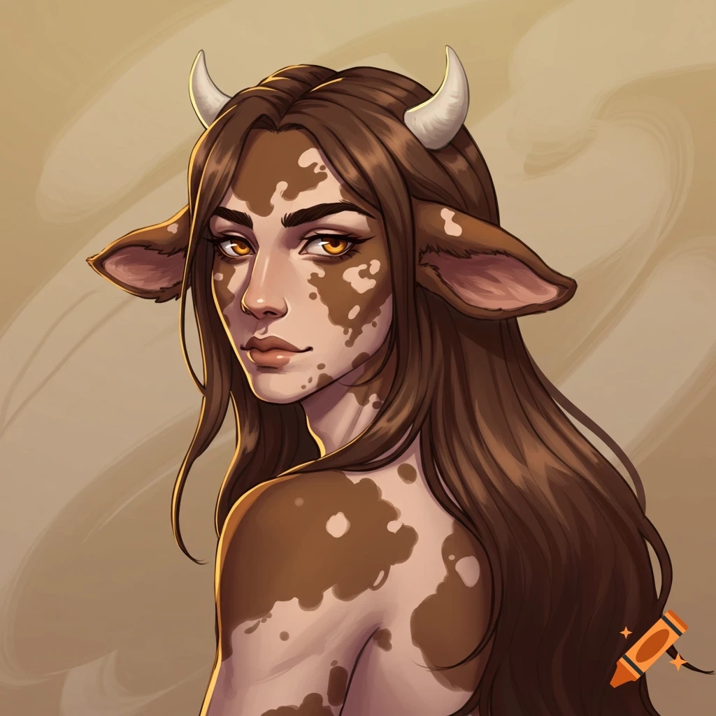 A comic book style portrait of a brown cow demi-human woman with long hair, horns, and spotted skin.