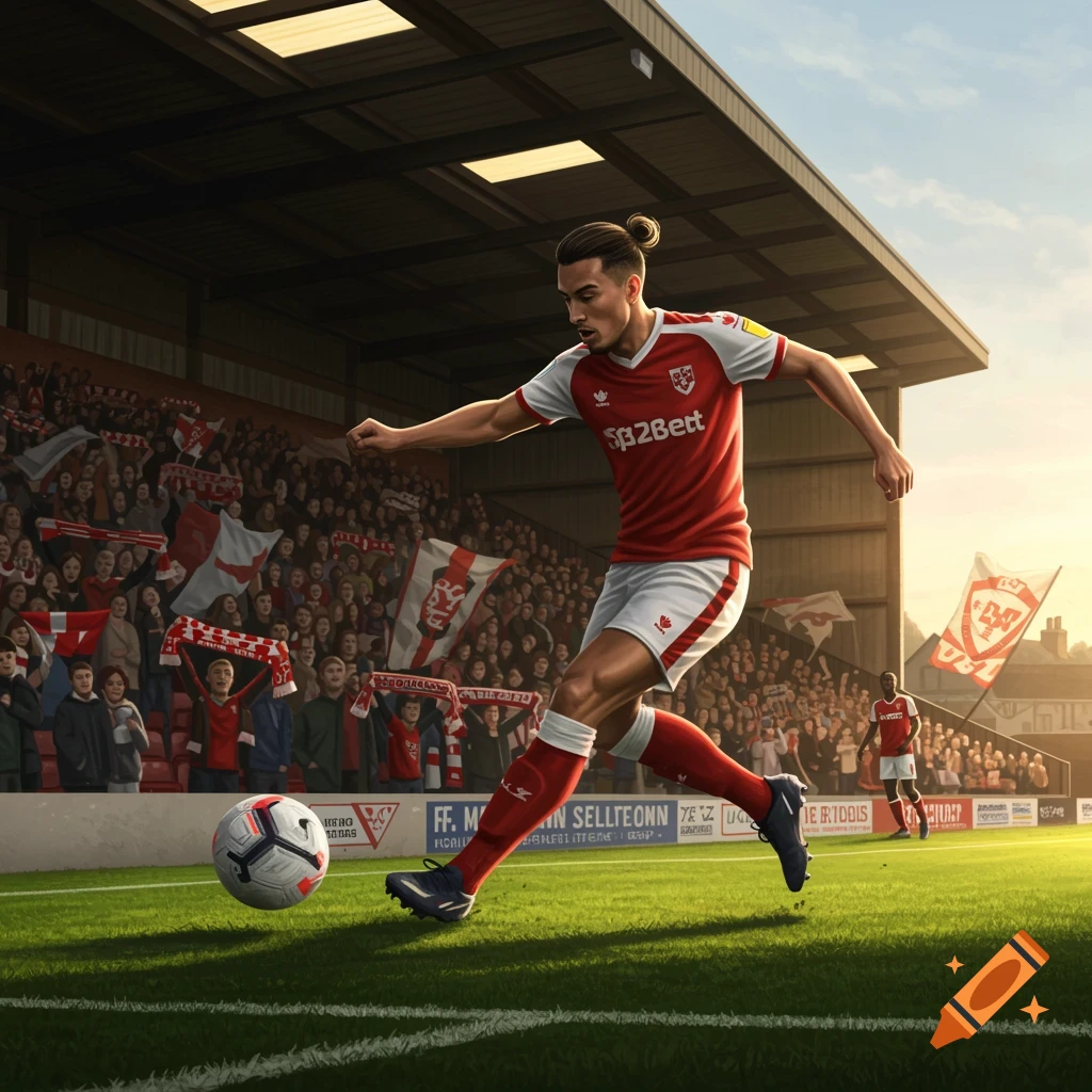 A football player in a red and white uniform kicks a soccer ball on a green field in a stadium with spectators.