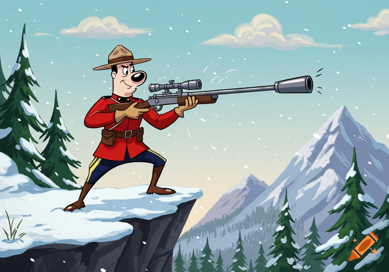 Cartoon character Dudley Doo-Right aims and fires a sniper rifle while standing on a snowy mountain cliff.