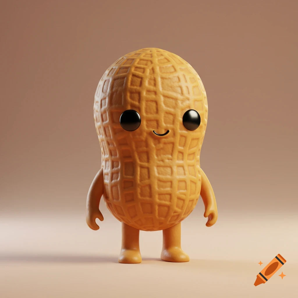 A cute, stylized peanut character with a smiling face and big black eyes, standing against a plain background.