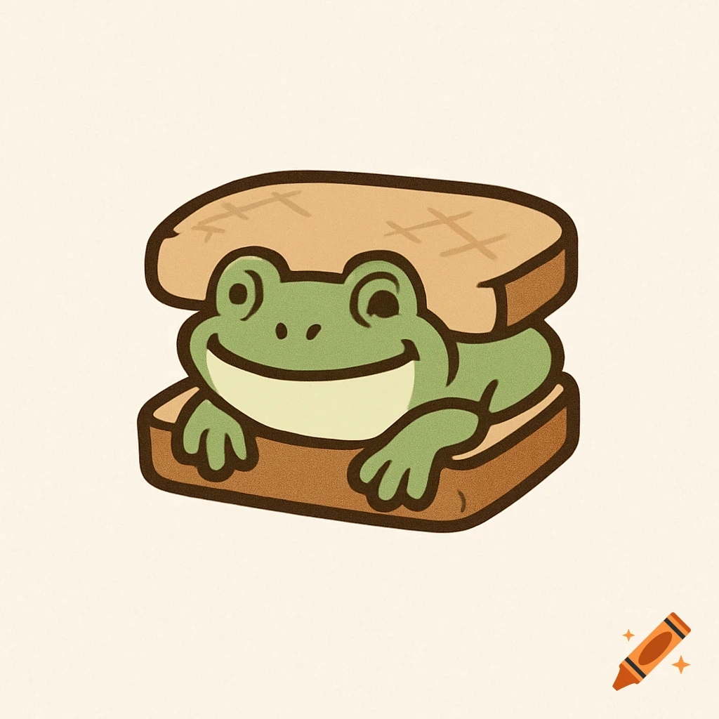 A cute green cartoon frog is depicted inside a sandwich, with two slices of bread, against a light background.