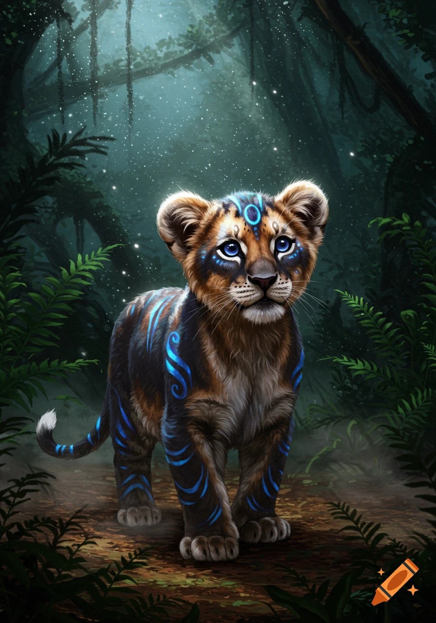 A mystical lion cub with glowing blue tribal markings stands in a dark, enchanted forest.