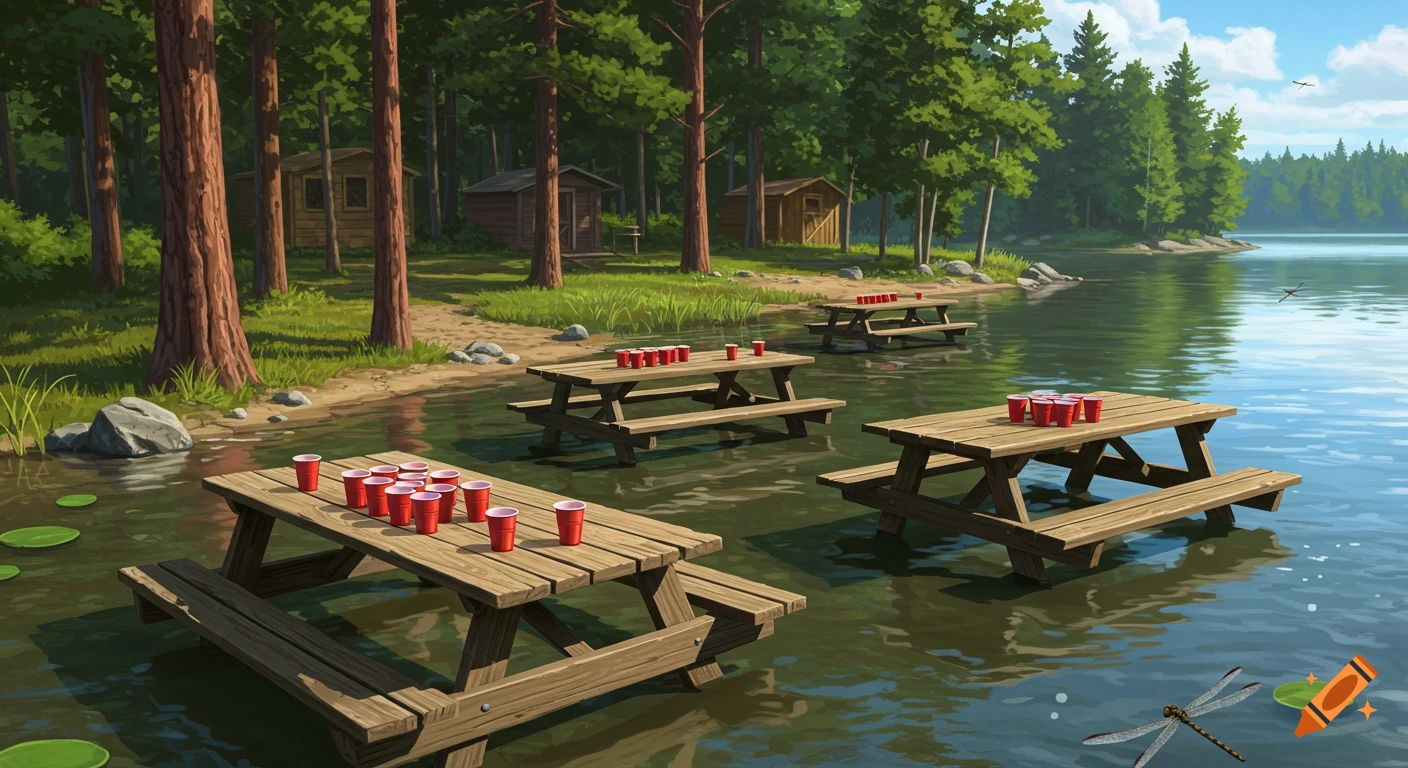 Wooden picnic tables with red cups submerged in a lake at a summer camp, surrounded by pine trees and cabins under a blue sky.