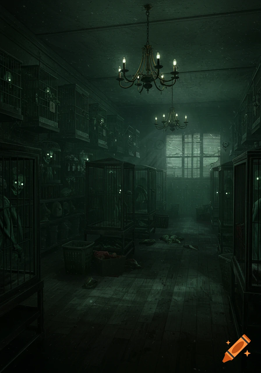 A dimly lit, unsettling room with multiple cages containing glowing-eyed, distorted figures, and debris scattered on the wooden floor. Two chandeliers hang from the ceiling.
