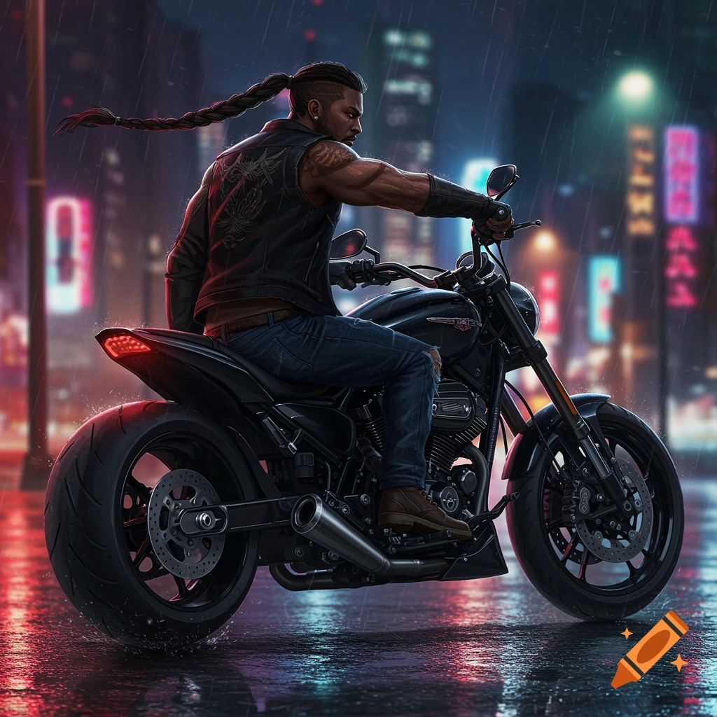 A man with a braided ponytail rides a black motorcycle on a rainy city street at night, illuminated by neon lights. Digital art.