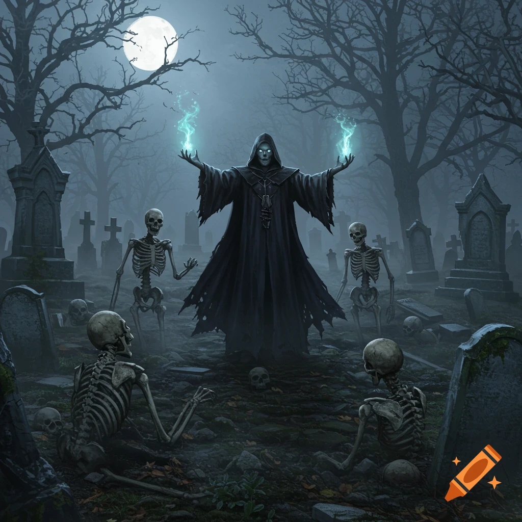 A dark fantasy image of a necromancer in a black cloak raising skeletons in a misty graveyard under a full moon.