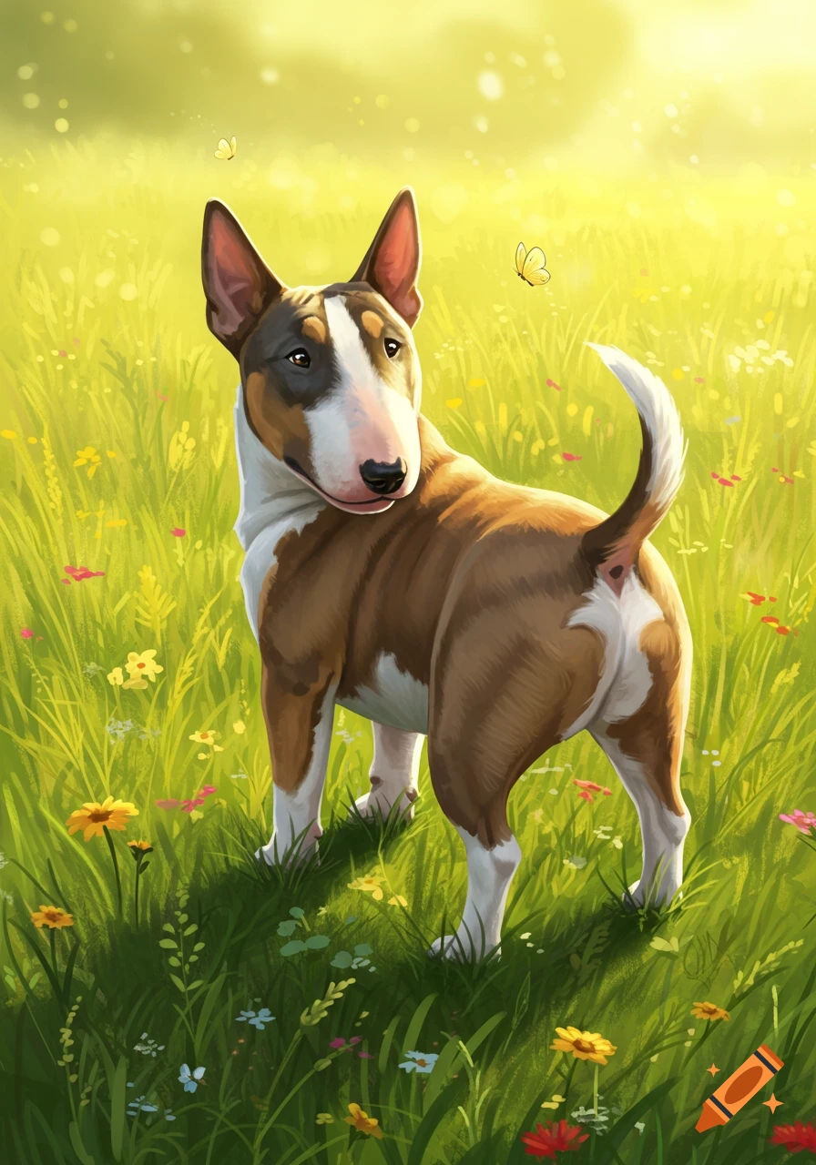 An illustrated brown and white Bull Terrier dog looking back in a sunny green field with wildflowers and butterflies.