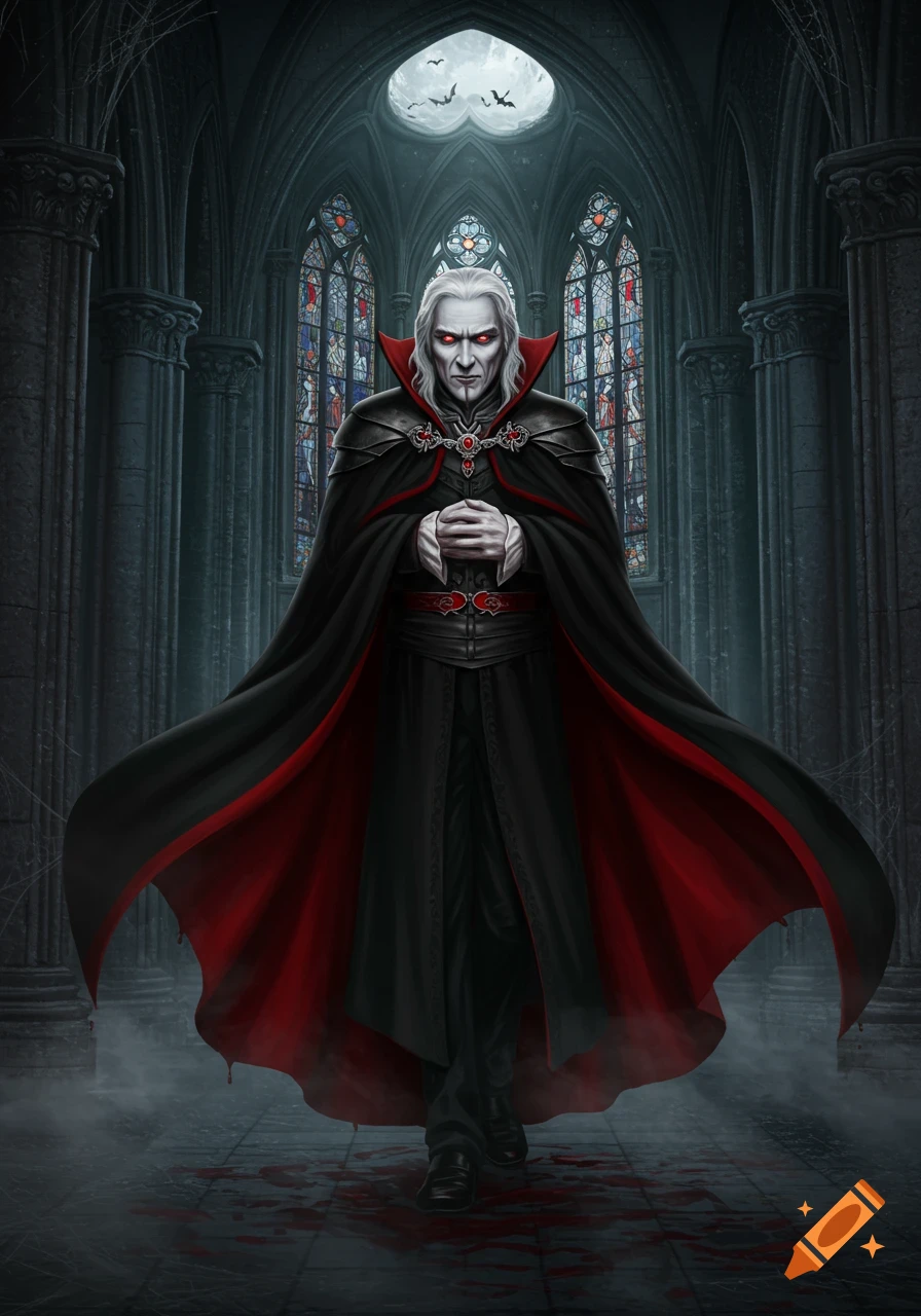 An old vampire lord with white hair, red eyes, and a black and red cape stands in a dark gothic cathedral with blood on the floor.