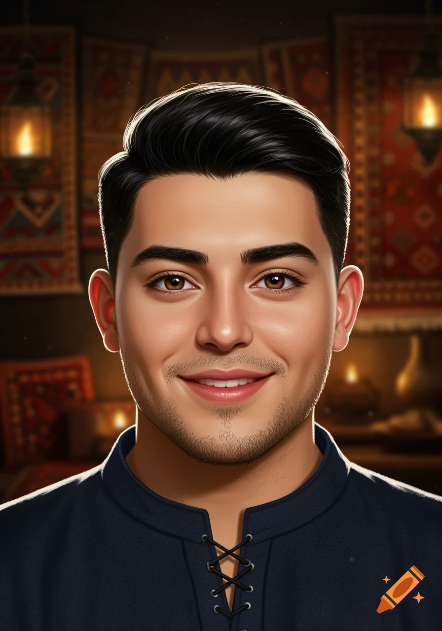 Photorealistic portrait of a smiling young man with dark hair and stubble, against a warm, culturally-inspired background with lanterns.